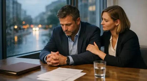 Kobieta wspiera mężczyznę, który wygląda na zmartwionego. Ich gesty pokazują, jak ważne są zasady współżycia społecznego i wzajemne wsparcie.