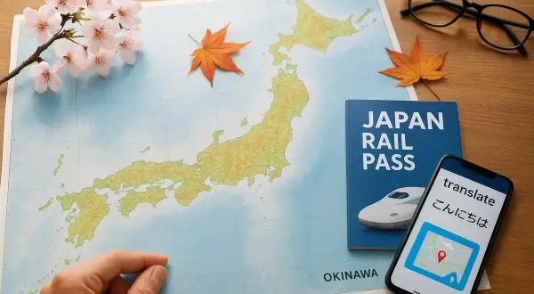 En reseguide till Japan med karta, Japan Rail Pass, telefon med översättningsapp och körsbärsblommor.