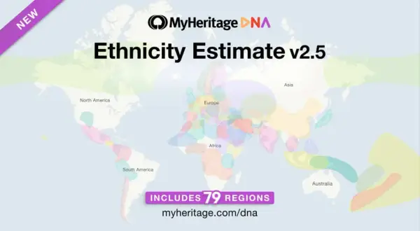 Carte du monde avec estimations ethniques MyHeritage DNA v2.5, incluant 79 régions. Découvrez vos origines.
