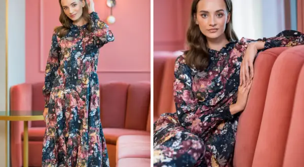 Długa sukienka w kwiaty sięga do połowy łydki, podkreślając elegancję. Idealna na jesienne dni.