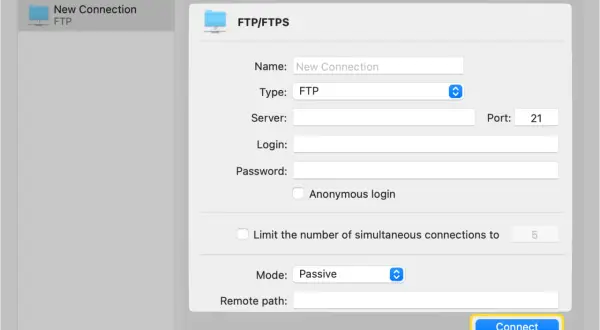 Okno dialogowe Total Commandera do konfiguracji połączenia FTP/FTPS z polami nazwy, typu, serwera, loginu, hasła i przyciskiem "Connect".