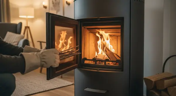 Person mit Handschuhen legt Holzscheite in einen brennenden Ofen, um das Feuer zu schüren. Das Holz verbrennt stehend oder liegend.