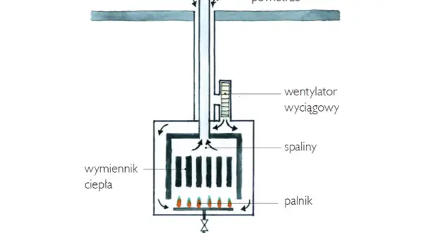 Schemat kotła z otwartą komorą spalania. Gaz zasila palnik, ogrzewając wymiennik ciepła. Powietrze zasysane jest przez wentylator wyciągowy, a spaliny odprowadzane.