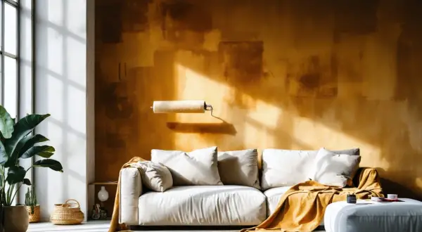 Un salon moderne avec un canapé blanc, un plaid ocre et un mur texturé. La question "la peinture velours est elle lessivable ?" plane, suggérant une rénovation.
