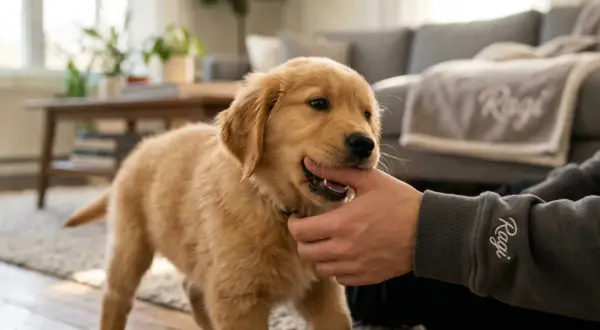 Szczeniak golden retriever gryzie rękę, ucząc się, jak oduczyć psa warczenia na domowników.
