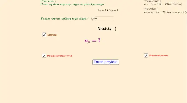 Zadanie: Oblicz wzór ogólny ciągu arytmetycznego, gdy dane są dwa wyrazy. Wpisz a_n = ?