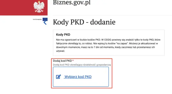 Dodawanie kodu PKD dla gospodarstwa rolnego. Wybierz kod PKD określający działalność gospodarczą.