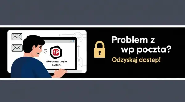 Zmartwiony użytkownik przed ekranem laptopa, na którym widnieje komunikat "WP Poczta Login System". Obok tekst: "Problem z wp poczta? Odzyskaj dostęp!".
