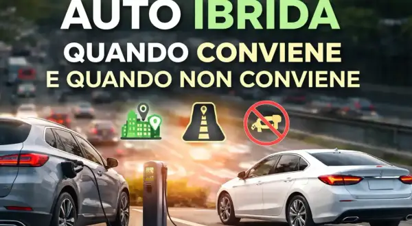 Auto ibride automatiche in ricarica. Un SUV grigio è collegato a una colonnina, mentre una berlina bianca attende. Icone indicano città, strada e divieto di rifornimento.