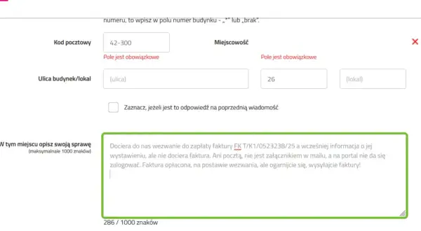 Formularz kontaktowy Tauron. Wpisano kod pocztowy 42-300, miejscowość 26. W polu tekstowym opisano problem z fakturą.