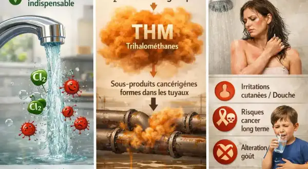 L'eau du robinet, désinfectée au chlore, peut réagir avec la matière organique, formant des THM. Ces sous-produits cancérigènes dans l'eau peuvent causer des irritations et altérer le goût.