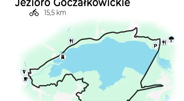 Mapa Jeziora Goczałkowickiego z zaznaczonymi trasami rowerowymi o długości 15,5 km. Widoczne punkty: parking, restauracje, drzewo, zamek, kawiarnia i lody.