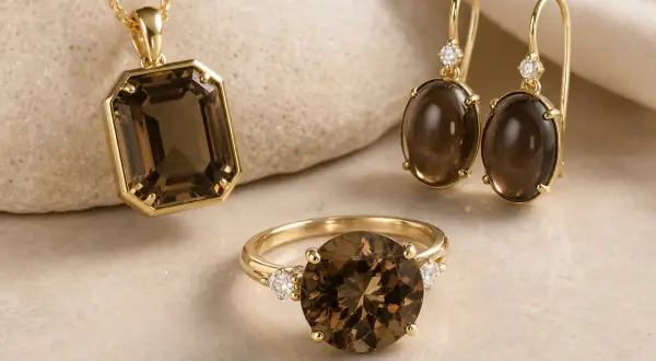 Conjunto de oro con cuarzo ahumado, conocido por sus propiedades de calma y protección. Un colgante, anillo y pendientes que irradian elegancia.