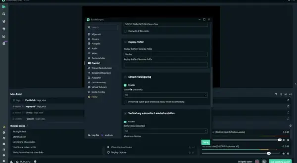 Streamlabs OBS: Stream-Verzögerung einstellen. Die Dauer des Streams kann hier auf 10 Sekunden gesetzt werden.