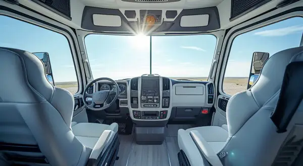 Intérieur d'un camion cabine moderne, avec des sièges confortables et un tableau de bord high-tech. Le soleil brille à travers le pare-brise.