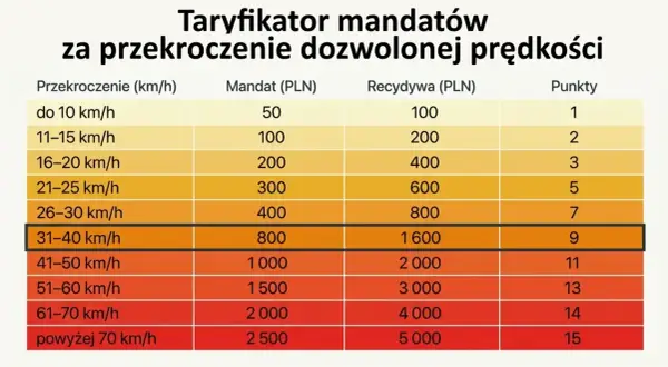 Taryfikator mandatów za przekroczenie prędkości: od 50 zł i 1 punktu za jazdę do 10 km/h za szybko, do 2500 zł i 15 punktów za jazdę powyżej 70 km/h za szybko.