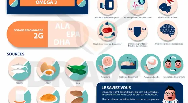 Infographie sur les bienfaits des oméga-3 : sources (poisson, œufs, soja, lait, saumon, amandes), dosage recommandé 2g, et bénéfices (pression, cœur, cerveau, peau, sommeil, ongles, humeur). L'effet omega 3 est essentiel.