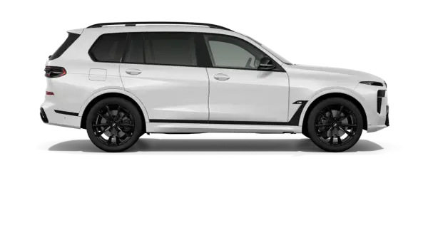 Białe BMW X7 M60i z czarnymi felgami i detalami. Luksusowy SUV gotowy na każdą podróż.
