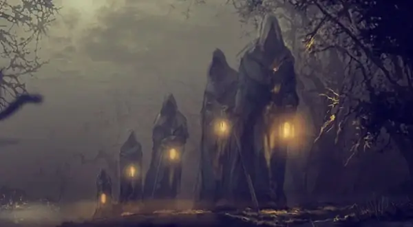 Figuras encapuchadas con faroles iluminan un camino boscoso, evocando una **leyenda gallega** de misterio y ultratumba.