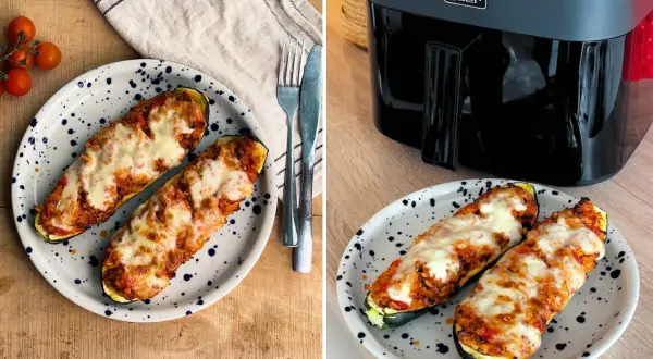 Faszerowana cukinia z ryżem i serem, idealna na obiad z air fryera. Pyszne i proste air fryer przepisy obiad.