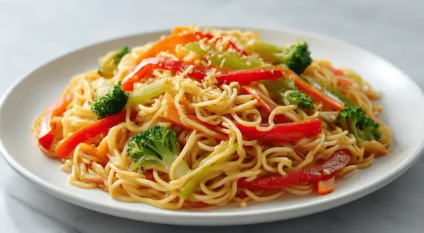 Buntes Mie Noodles Rezept mit Brokkoli, Paprika und Karotten, garniert mit Sesam. Ein schnelles und gesundes Gericht.