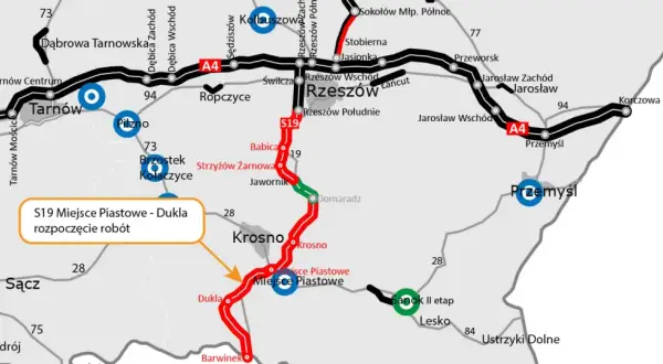 Mapa dróg z zaznaczoną trasą Via Carpatia, w tym odcinkiem S19 Miejsce Piastowe - Dukla. Widoczne miasta: Rzeszów, Krosno, Przemyśl.