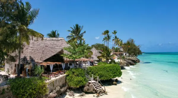 Zanzibar w lutym: słoneczna pogoda, palmy, plaża i urokliwe restauracje z krytymi strzechą dachami. Idealne miejsce na wakacje.