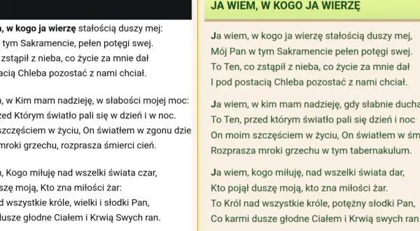 Fragment tekstu piosenki "Ja wiem, w kogo ja wierzę" z numeracją zwrotek.