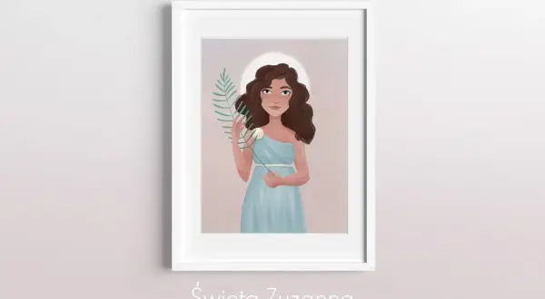 Święta Zuzanna w błękitnej sukni, z gałązką i kwiatem, symbolizującymi jej czystość i męczeństwo.