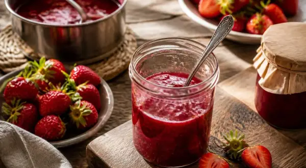 Frische Erdbeeren und selbstgemachte Erdbeermarmelade im Glas. Ein köstliches Erdbeermarmelade Rezept zum Nachmachen.