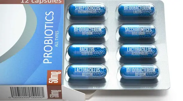 Opakowanie probiotyków Acidolac zawiera 12 kapsułek z różnymi szczepami bakterii, wspierającymi zdrowie jelit.