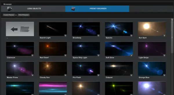 A browser window displays various optical flares presets for After Effects, including "Sun Spot," "Broadway," and "Big Bang.