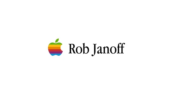 The iconic rainbow Apple logo, designed by Rob Janoff, next to his name.