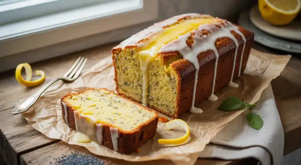 Un délicieux cake citron pavot, nappé d'un glaçage blanc et d'une touche de citron, prêt à être dégusté.