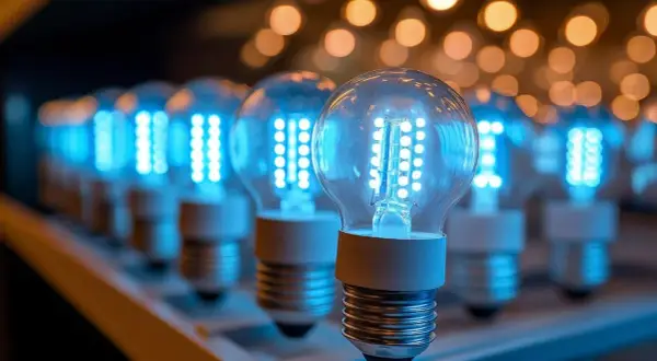 Rząd niebieskich żarówek LED, każda z kilkunastoma diodami, świeci jasno. Zastanawiasz się, ile lumenów ma słońce? Te żarówki to tylko namiastka jego blasku.