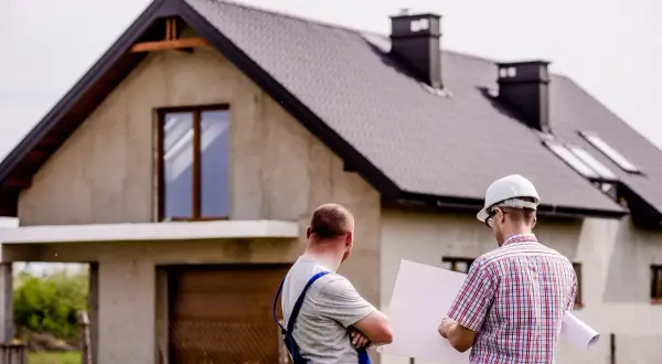 Dwóch mężczyzn omawia plany domu w budowie. Jeden z nich, w kasku, trzyma projekt. To może być kluczowe dla uzyskania kredytu deweloperskiego.
