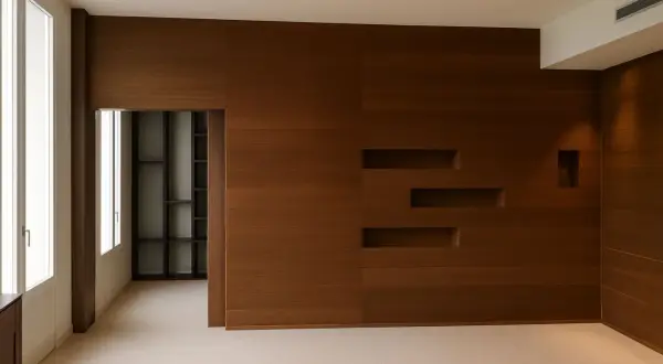 Parete moderna con finitura in impiallacciato rovere, nicchie integrate e un'apertura su una libreria a giorno.