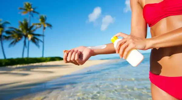 Frau trägt Sonnencreme auf, um sich vor der Sonne zu schützen. Sie ist am Strand, wo man im Wasser schneller braun wird.