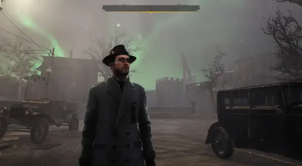 Mężczyzna w kapeluszu i płaszczu stoi na tle deszczowego miasta, gdzie zorza polarna oświetla niebo. To **the sinking city**, gdzie tajemnica wisi w powietrzu.