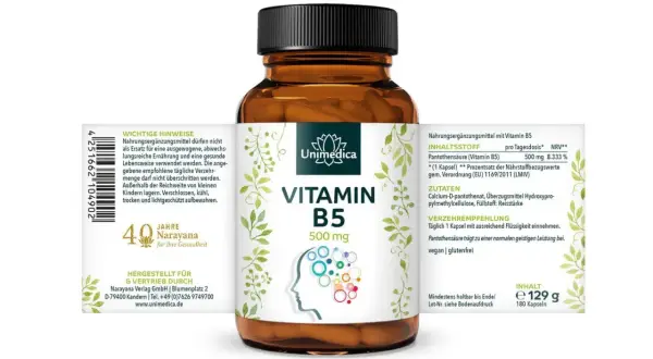 Flasche Unimedica Vitamin B5 (500 mg) mit Abbildung eines Kopfes, der von bunten Kreisen umgeben ist. Pantothensäure unterstützt die geistige Leistung.
