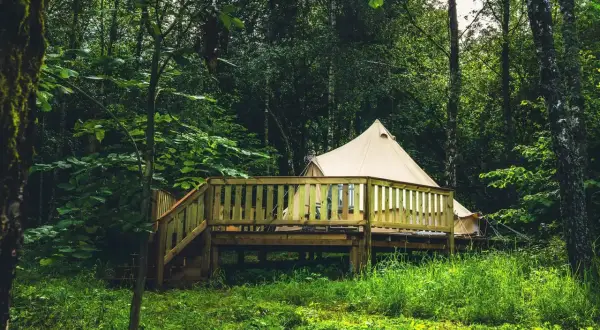 En lyxig glamping i Skåne, med ett beige tält på en träaltan mitt i en grönskande skog.