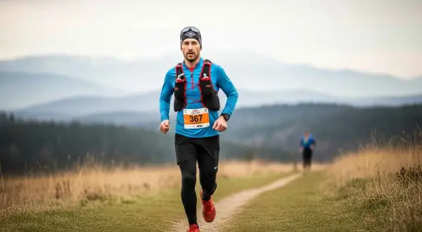 Coureur en plein effort sur un sentier, suivant son plan entrainement trail 70 km 3 séances. Paysage vallonné en arrière-plan.