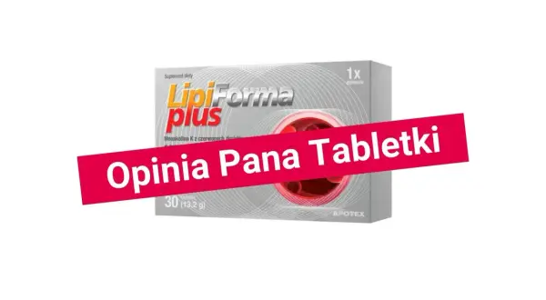 Opakowanie suplementu diety LipiForma plus, który jest lekiem na cholesterol. Zawiera 30 kapsułek.