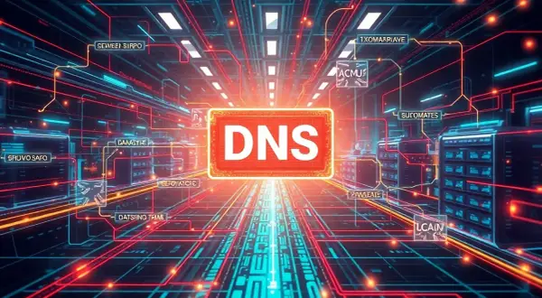 Cyfrowe serce sieci, gdzie **ustawienia DNS** kierują ruchem. Neonowe linie łączą serwery w futurystycznym centrum danych.