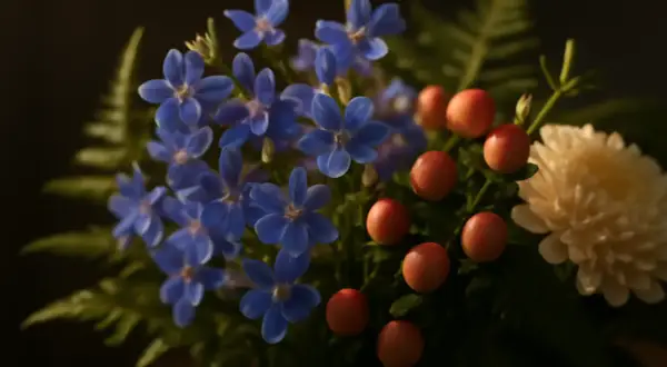 En bukett med små, blå lobelia-blommor, röda bär och en krämvit blomma.