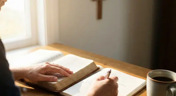 Osoba studiuje ewangelia na dziś z komentarzem, notując przemyślenia przy kubku kawy. W tle widoczny drewniany krzyż.