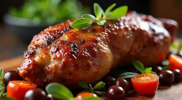 Soczysta, pieczona pierś z kaczki z glazurą, podana z pomidorkami i oliwkami. Idealna na obiad, a pytanie "jak długo piec pierś z kaczki w piekarniku" nabiera sensu przy takim daniu.