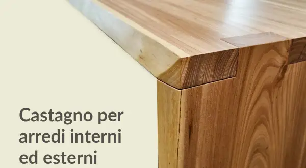 Dettaglio di un mobile in legno di castagno, con venature naturali e un caldo colore che si adatta ad arredi interni ed esterni.