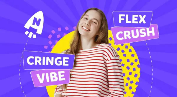Joven sonriente con camiseta a rayas, rodeada de **palabras generación z** como "CRINGE", "VIBE", "FLEX" y "CRUSH".