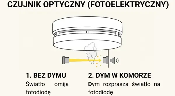 Schemat działania czujki ppoż. optycznej: bez dymu światło omija fotodiodę, z dymem rozprasza się na niej.